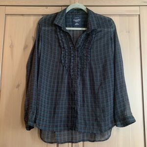 Plaid American Eagle top with ruffle, size large